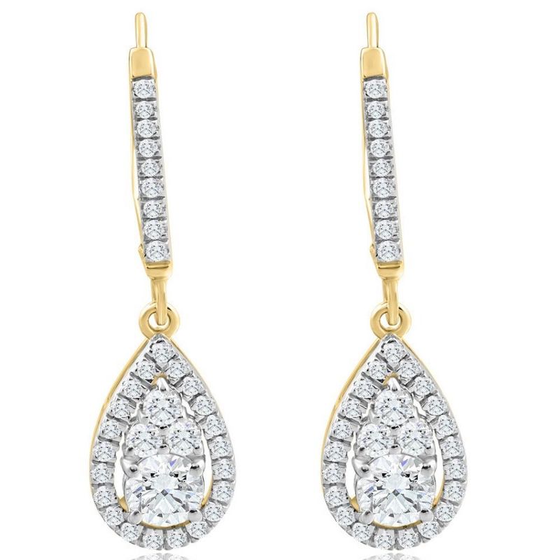 Pompeii3 1Ct TW Pear Shape Diamond Dangle Lever Back Earrings Yellow Gold Lab Created, 1 of 4