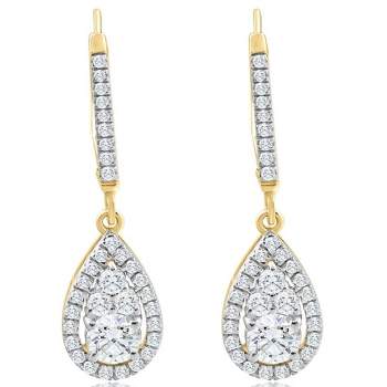 Pompeii3 1Ct TW Pear Shape Diamond Dangle Lever Back Earrings Yellow Gold Lab Created