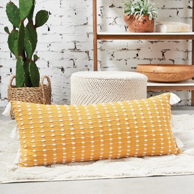 Yellow Hand-Loomed Cotton Ikat Throw Pillow with Tassels