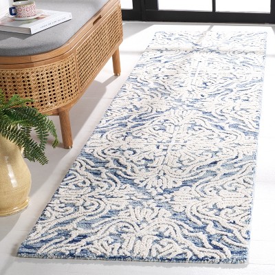Blossom Blue and Ivory Floral Wool Runner Rug