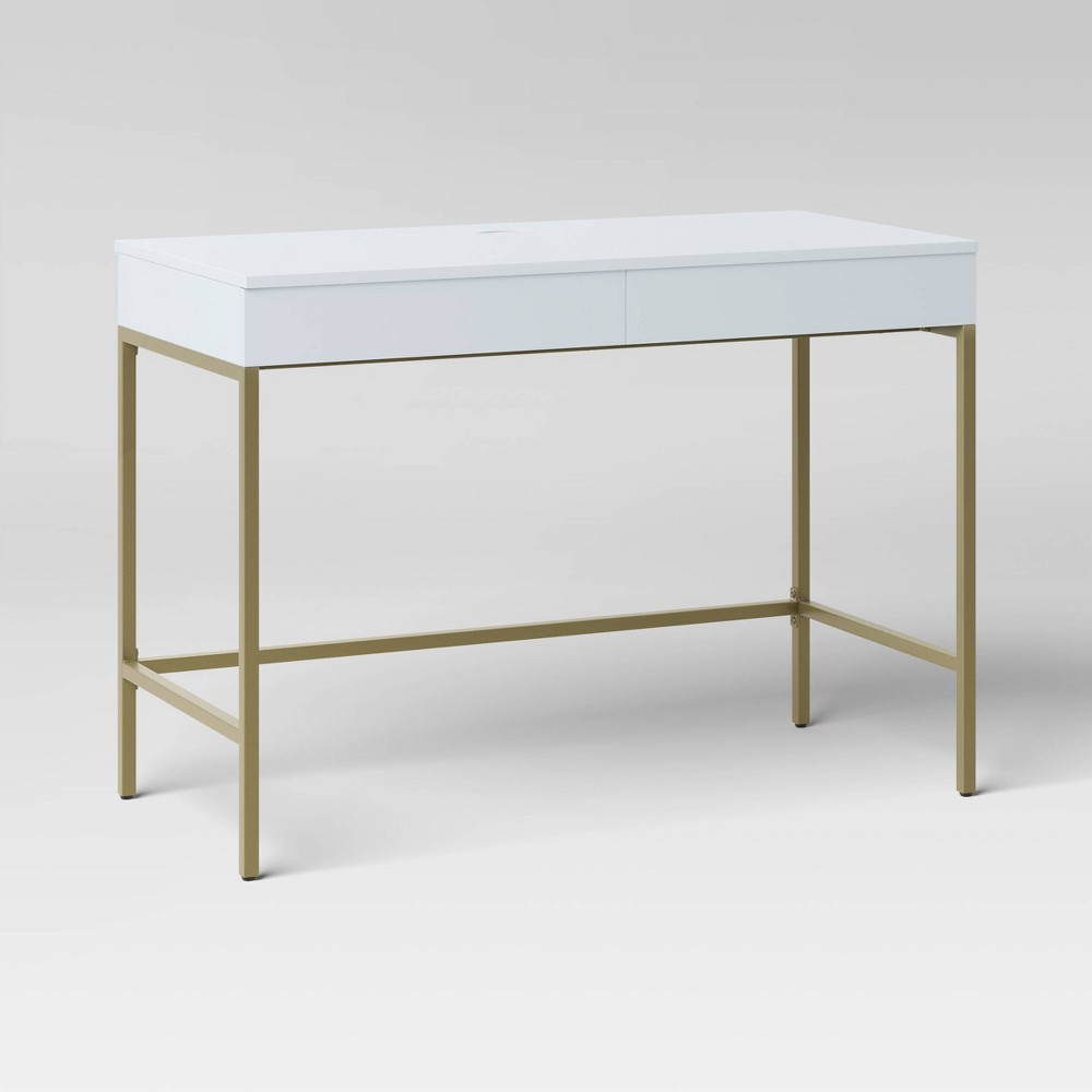 Loring Wood Writing Desk with Drawers and Charging Station White/Gold - Threshold™