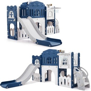 8-in-1 Toddler Playset with Slide – Indoor Outdoor Baby Activity Center for Ages 1-3, Featuring Climber, Crawl Tunnel, Basketball Hoop, Telescope - 1 of 4
