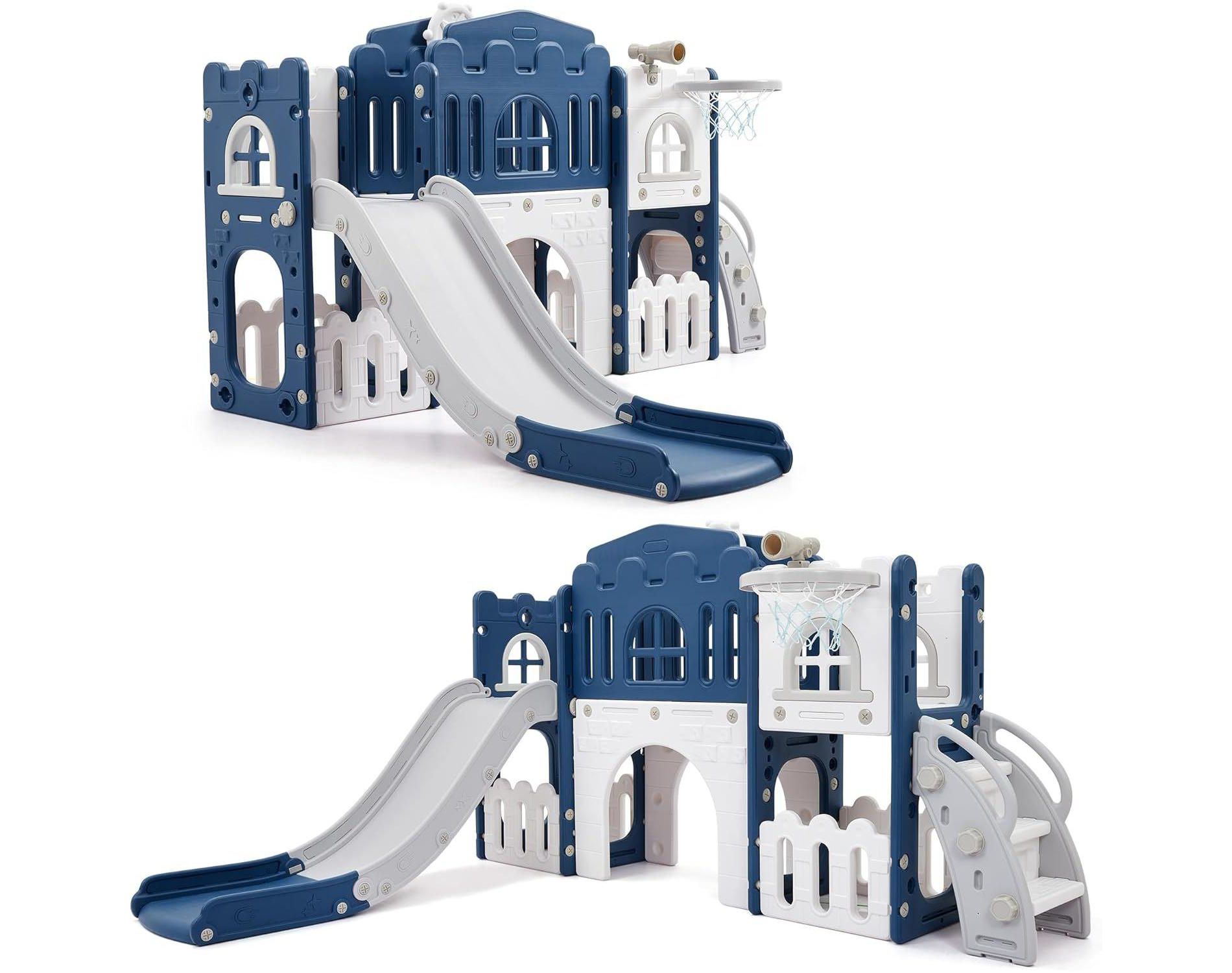 8-in-1 Toddler Playset with Slide – Indoor Outdoor Baby Activity Center for Ages 1-3, Featuring Climber, Crawl Tunnel, Basketball Hoop, Telescope