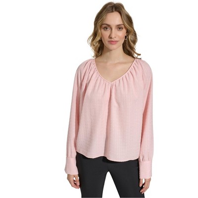 Calvin Klein Womens Solid Pullover Blouse, Pink, Large
