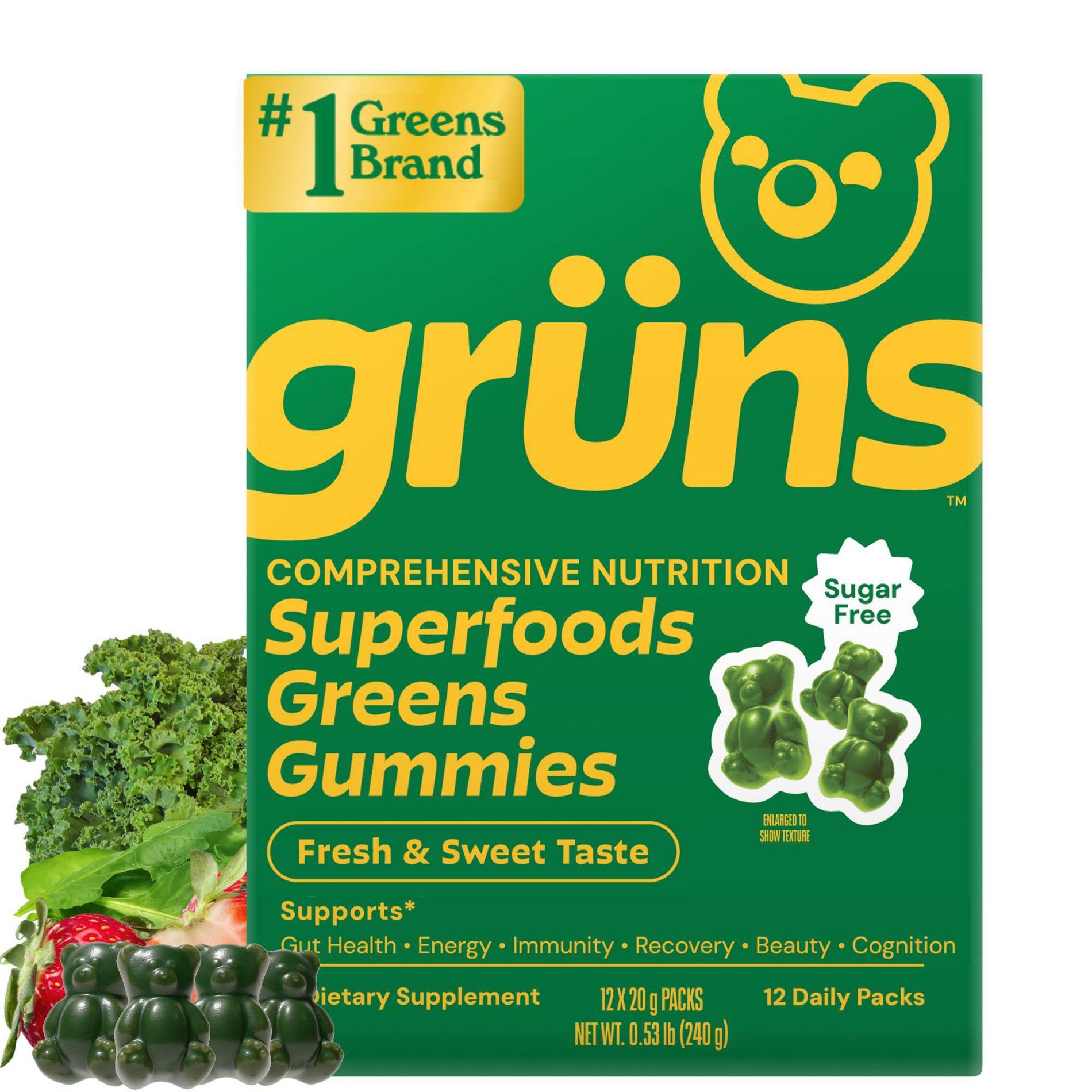 Grüns Adult Sugar-Free Superfoods Greens Gummies - 240g/12 Servings: Gluten-Free, Dairy-Free, Vegan