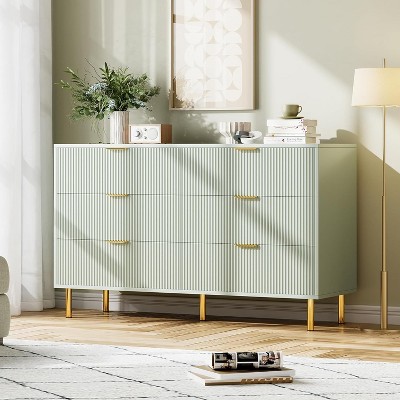 6 Drawer Dresser for Bedroom, 56.3" Wide Modern Chest of Drawers with Gold Metal Handles & Anti-Tipping Device, Fluted Wooden Dresser Organizer