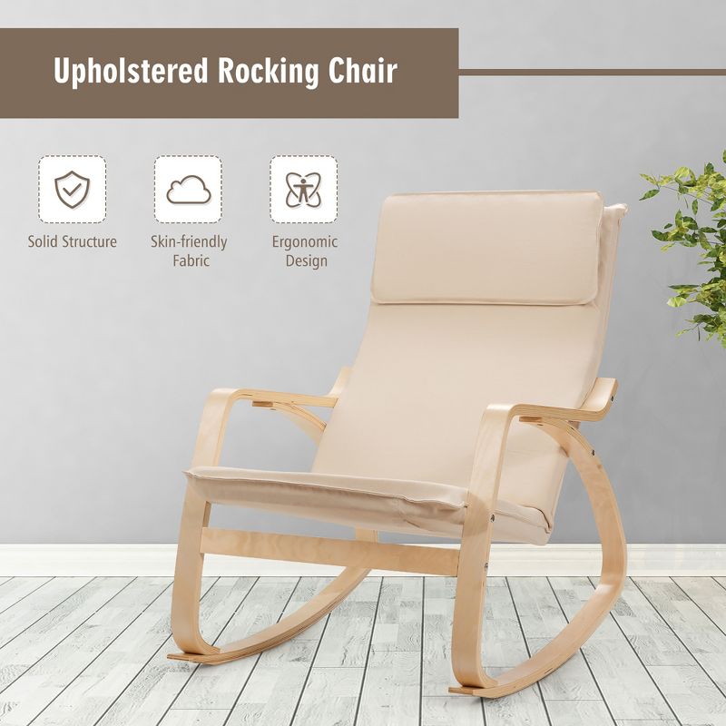 Costway Set of 2 Bentwood Rocking Chair Relax Rocker Lounge Chair w/Fabric Cushion Gray\ Beige, 5 of 11