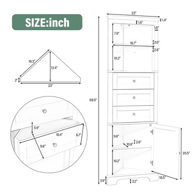 23-Inch Tall Corner Storage Cabinet with Door, 3 Drawers, Open Shelf & Adjustable Storage, Anti-Tip Device