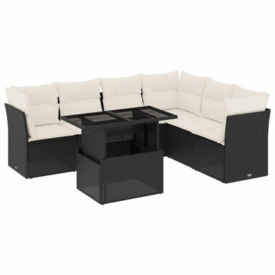 vidaXL 7 Piece Patio Sofa Set with Cushions Black and Cream Poly Rattan - without storage