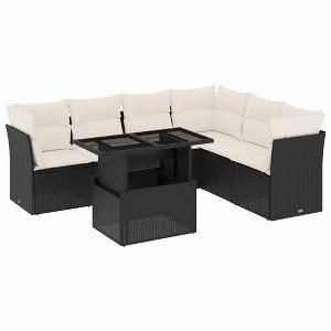 vidaXL 7 Piece Patio Sofa Set with Cushions Black and Cream Poly Rattan - without storage - 1 of 4