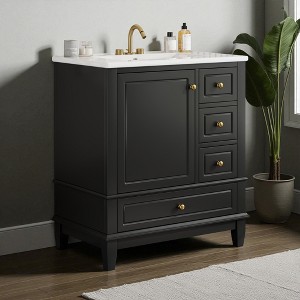 Mshliw 30" Bathroom Vanity with Ceramic Sink, 1 Soft-Close Door with Shelf & 3 Drawers, Freestanding MDF & Solid Wood Cabinet - 1 of 4
