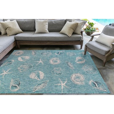 Aqua and White Synthetic Flat Woven Coastal Rug 4'10" x 7'6"