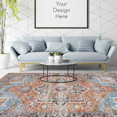 Modern Thin Rug Oriental Floral Carpet Design for Living Room Bedroom Dorm Kitchen Contemporary Decor - Non Slip, Machine Washable