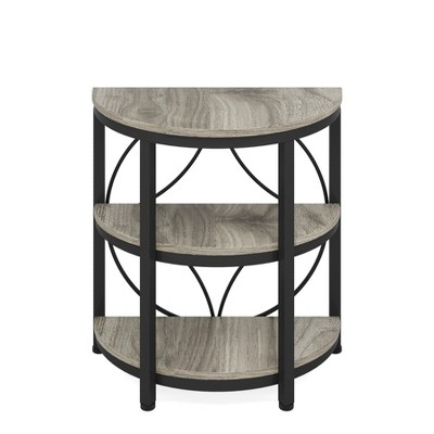 Lirago,Half-Round 3-Tier Side Table-Gray Wood & Black Metal Frame, Open Storage, Multi-Purpose Design