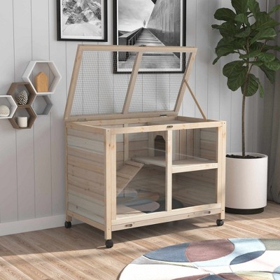 Natural Wood 2-Story Guinea Pig Hutch with Wheels