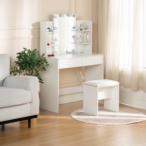 FurnitureR Vanity Desk with Mirror and Lights, Make Up Vanity Desk Set - Dressing Table with 2 Drawers and Storage Shelves, Power Outlet and USB Ports - 1 of 4