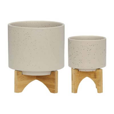 VisioGear 2PCS Round Planter with Wooden Stand, Plant Pots for Living Room, Bedroom, White, 7.75"*7.75"*10.5"