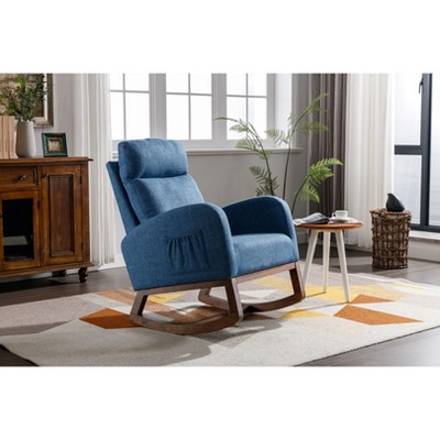 Okak Modern Rocking Accent Chair Armchair with Side Pocket and Wood Legs Comfy High Backrest Glider Chair for Bedroom Lounge Nursery, Blue
