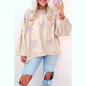 Embroidered Bow Lantern Sleeve Oversized Pullover Sweatshirt - 1 of 1