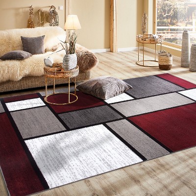 Red and Gray Geometric Low Pile Area Rug