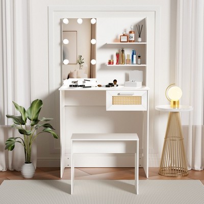 NicBex Vanity Desk with Mirror Small Vanity with Mirror, Modern Wood Cosmetic Table Set with 3 Open Shelves and 1 Stool for Apartment