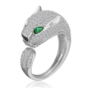 Guili Panther Head Open Band Ring with Emerald Green and Clear Cubic Zirconia Accents for a Fierce, Stylish, and Eye-Catching Statement Look - 1 of 3