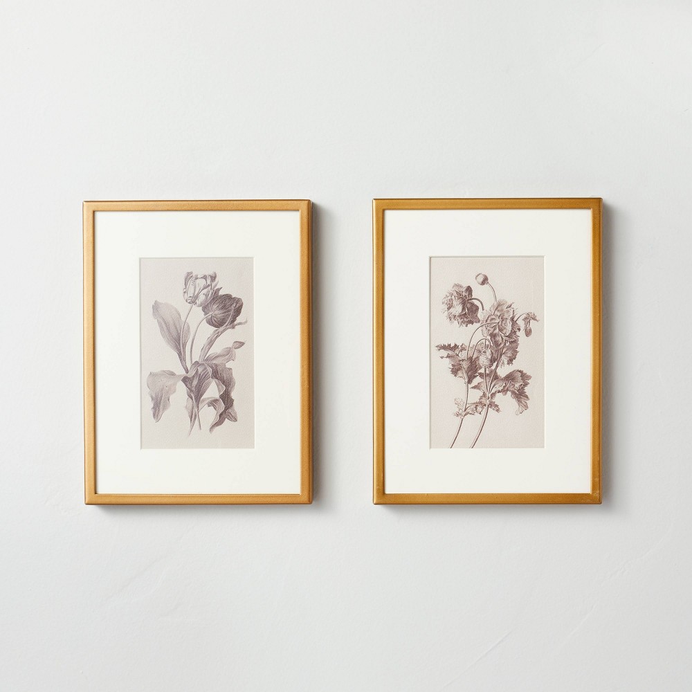 Photos - Wallpaper 6"x8" Floral Sketch Framed Wall Art Cream/Gray  - Hearth & Hand™(Set of 2)