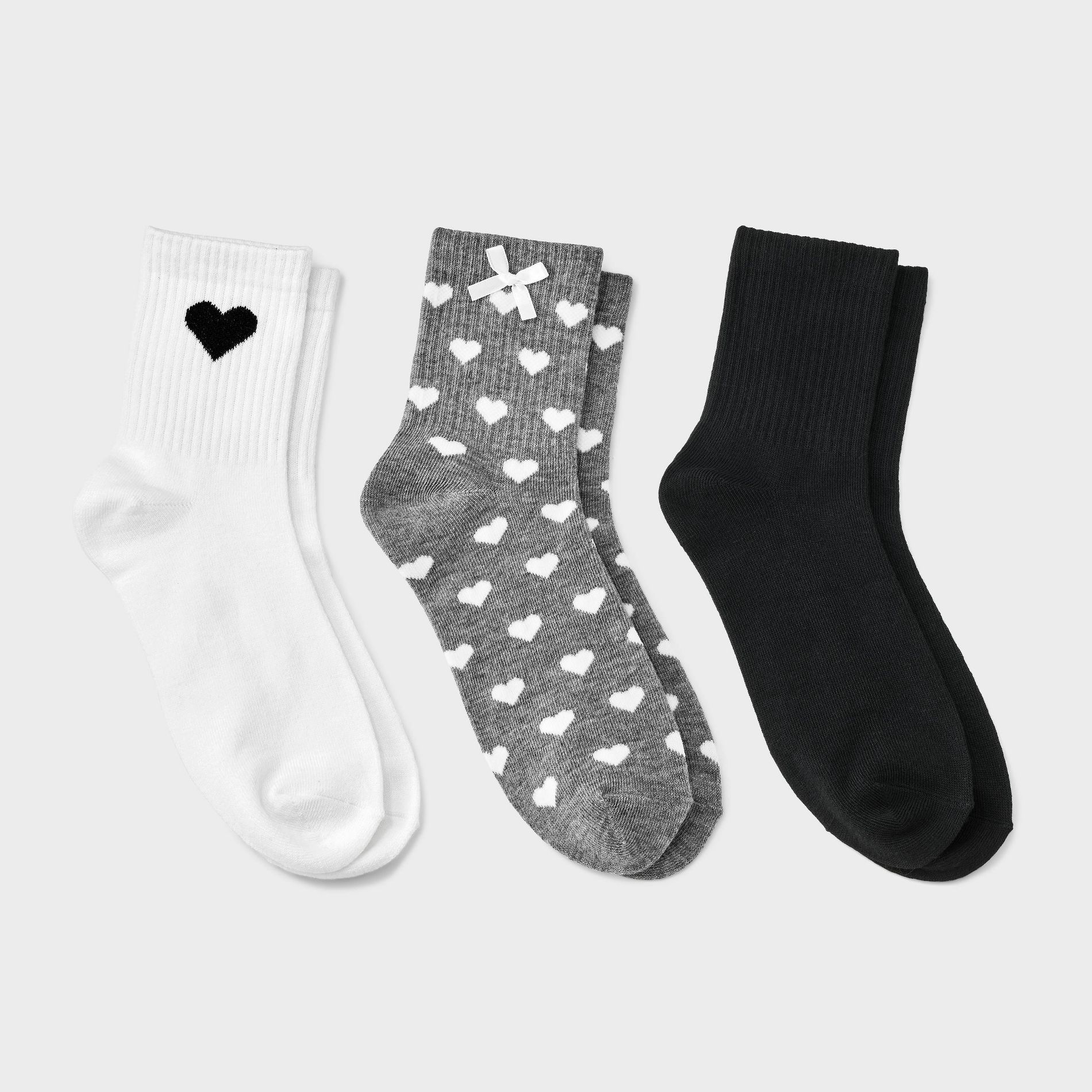 Women's Bow Hearts Ribbed Valentine's Day 3pk Mid Crew Socks - Gray/Black/White 4-10
