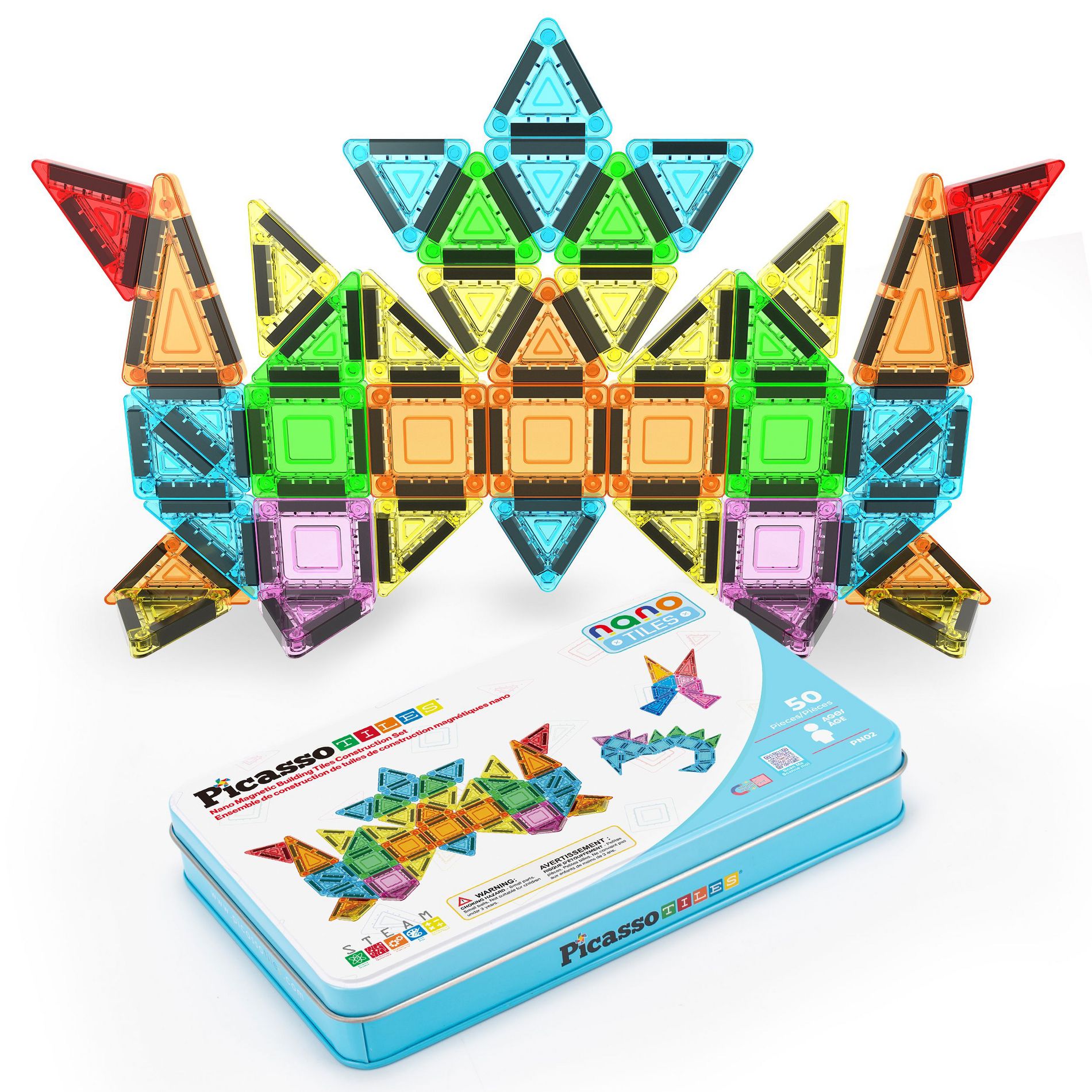 PICASSO-TILES 50PCS Mini Magnetic Tiles STEM Nano Building Blocks for Kids with Storage Case, Educational Construction Toy for Toddlers Age 3+