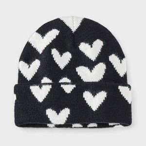 Girls' Knitted Heart Beanie Hat - Cat & Jack™ Black/White - 1 of 3