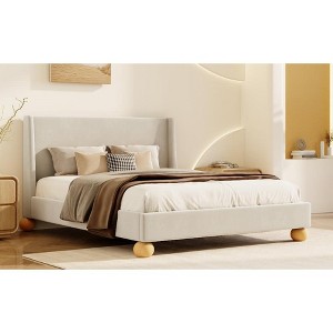 NicBex Queen/King Upholstered Bed Frame with Boucle Wingback Headboard,Platform Bed Frame with Round Wooden Legs,No Box Spring Needed,Easy Assembly - 1 of 4