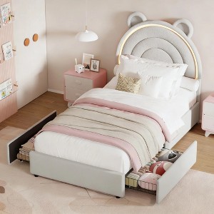 Princess Twin Size Bed Frame with 4 Storage Drawers & LED Lights, Velvet Upholstered Platform Bed with Rainbow Headboard for Kids/Girls - 1 of 4