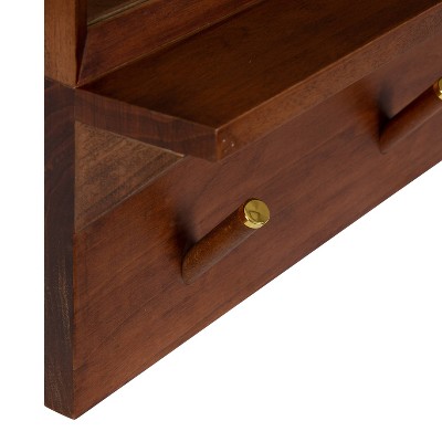 Walnut Wood Framed Rectangular Wall Mirror with Hooks