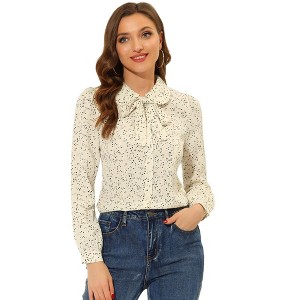 INSPIRE CHIC Women's Peter Pan Collar Bow Tie Neck Puff Long Sleeve Workwear Button Blouses - 1 of 4