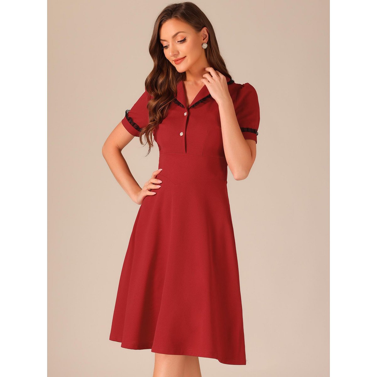 Женские платья INSPIRE CHIC Women's Elegant Ruffled Peter Pan Collar Dresses Large Red — фото 4