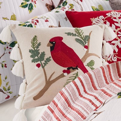 Embroidered Cardinal Bird Faux Linen Tassel Pillow 18x18