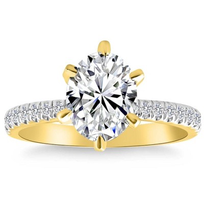 Pompeii3 VS 2 1/2 Ct Oval Moissanite & Side Halo Lab Created Diamond Engagement Ring Gold