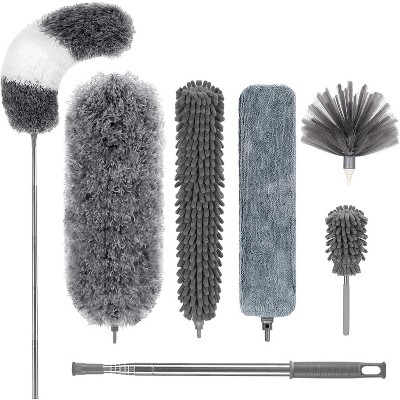 7 PCS Microfiber Feather Duster with Extension Pole, Reusable Bendable Cobweb Duster for High Ceiling and Blinds