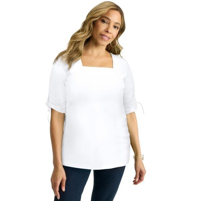 Jessica London Women's Plus Size Stretch Cotton Tie Sleeve Square Neck Tee
