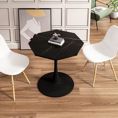 31.50" Modern Octagonal Coffee Table With Printed White Marble Table Top Metal Base For Dining Room Kitchen Living Room