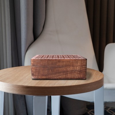 Medium Brown Mango Wood Keepsake Box with Trellis Design