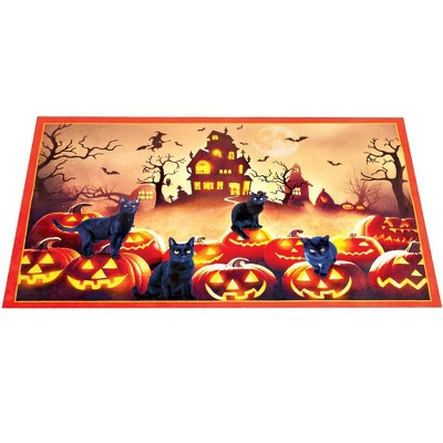 Collections Etc Frightful Night Black Cats and Jack-O'-Lanterns Halloween Door Mat Orange