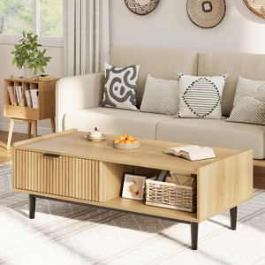 DobleePy Fluted Coffee Table, 2-Tier Cocktail Table with Drawers, Industrial Rectangular Coffee Table with Iron Frame and Open Storage - 1 of 4