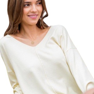 Slickblue Women's Side Slit Hi-Lo Sweater, V Neck, 3/4 Sleeve, Versatile & Trendy, White/Light Yellow, S/M - 1 of 3