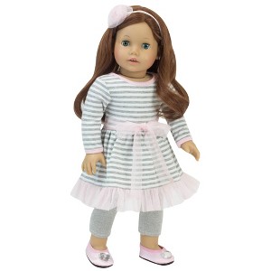 Sophia’s Striped Tulle Hem Dress, Leggings, & Headband for 18” Dolls, Pink/Gray - 1 of 3