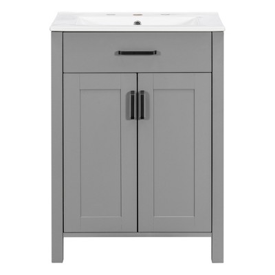 Vynxaria 24-Inch Bathroom Vanity Combo - Ceramic Sink, 2 Soft-Close Doors, U-Shaped Adjustable Shelf - Space-Saving Modern Style, Gray