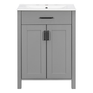 Vynxaria 24-Inch Bathroom Vanity Combo - Ceramic Sink, 2 Soft-Close Doors, U-Shaped Adjustable Shelf - Space-Saving Modern Style, Gray - 1 of 4