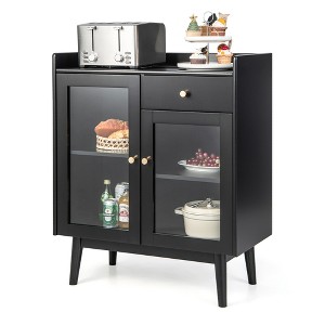 Costway Kitchen Buffet Server Sideboard Accent Cabinet with2 Tempered Glass Doors & Drawer - 1 of 4