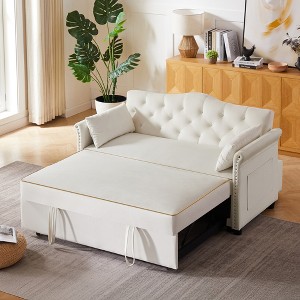 Velvet Sleeper Sofa Bed with Convertible Backrest, Tufted Back and Nailhead Trim Armrests - 1 of 4