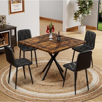 38.60"Square Dining Table Set, Mid Century Modern Square Dining Table for 4 Person, Faux Marble Tabletop, Iron Legs,Brown+Gray